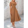 imagePRETTYGARDEN Summer Dress for Women 2025 Casual Short Sleeve Bow Tie V Neck Ruffle Midi Flowy DressesBrown