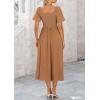 imagePRETTYGARDEN Summer Dress for Women 2025 Casual Short Sleeve Bow Tie V Neck Ruffle Midi Flowy DressesBrown