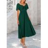 imagePRETTYGARDEN Summer Dress for Women 2025 Casual Short Sleeve Bow Tie V Neck Ruffle Midi Flowy DressesDark Green