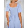 imagePRETTYGARDEN Summer Dress for Women 2025 Casual Short Sleeve Bow Tie V Neck Ruffle Midi Flowy DressesLight Blue