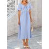 imagePRETTYGARDEN Summer Dress for Women 2025 Casual Short Sleeve Bow Tie V Neck Ruffle Midi Flowy DressesLight Blue