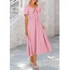 imagePRETTYGARDEN Summer Dress for Women 2025 Casual Short Sleeve Bow Tie V Neck Ruffle Midi Flowy DressesLight Pink