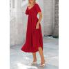 imagePRETTYGARDEN Summer Dress for Women 2025 Casual Short Sleeve Bow Tie V Neck Ruffle Midi Flowy DressesRed