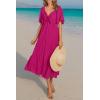 imagePRETTYGARDEN Summer Dress for Women 2025 Casual Short Sleeve Bow Tie V Neck Ruffle Midi Flowy DressesRose Red