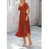imagePRETTYGARDEN Summer Dress for Women 2025 Casual Short Sleeve Bow Tie V Neck Ruffle Midi Flowy DressesRust Red