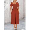 imagePRETTYGARDEN Summer Dress for Women 2025 Casual Short Sleeve Bow Tie V Neck Ruffle Midi Flowy DressesRust Red