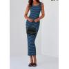 imagePRETTYGARDEN Womens 2025 Spring Summer Bodycon Midi Dress Sleeveless Striped Ribbed Knit Sundress Beach Vacation Tank DressGrey Blue