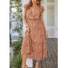 imagePRETTYGARDEN Womens Summer Floral Boho Dress Wrap V Neck Short Sleeve Ruffle ALine Flowy Maxi Wedding Guest DressesCoffee