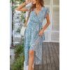 imagePRETTYGARDEN Womens Summer Floral Boho Dress Wrap V Neck Short Sleeve Ruffle ALine Flowy Maxi Wedding Guest DressesDark Blue