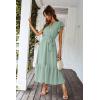 imagePRETTYGARDEN Womens Summer Floral Boho Dress Wrap V Neck Short Sleeve Ruffle ALine Flowy Maxi Wedding Guest DressesSolid Green