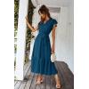 imagePRETTYGARDEN Womens Summer Floral Boho Dress Wrap V Neck Short Sleeve Ruffle ALine Flowy Maxi Wedding Guest DressesSolid Lake Blue