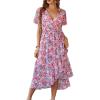 imagePRETTYGARDEN Womens Summer Floral Boho Dress Wrap V Neck Short Sleeve Ruffle ALine Flowy Maxi Wedding Guest DressesPink Floral