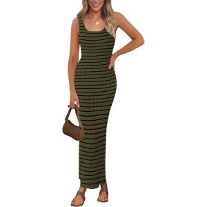 imagePRETTYGARDEN Womens 2025 Spring Summer Bodycon Midi Dress Sleeveless Striped Ribbed Knit Sundress Beach Vacation Tank DressArmy Green