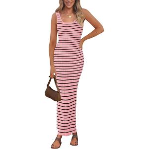 imagePRETTYGARDEN Womens 2025 Spring Summer Bodycon Midi Dress Sleeveless Striped Ribbed Knit Sundress Beach Vacation Tank DressPink