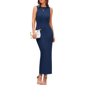 imagePRETTYGARDEN Womens 2025 Summer Casual Maxi Dresses Ribbed Knit Sleeveless Bodycon Elegant Going Out Beach Vacation ClothesDark Blue