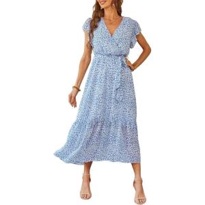 imagePRETTYGARDEN Womens Summer Floral Boho Dress Wrap V Neck Short Sleeve Ruffle ALine Flowy Maxi Wedding Guest DressesLight Blue