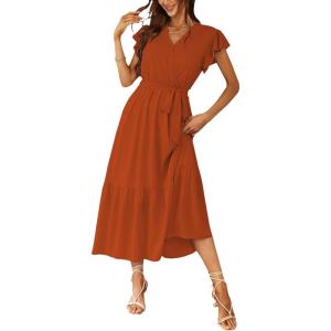 imagePRETTYGARDEN Womens Summer Floral Boho Dress Wrap V Neck Short Sleeve Ruffle ALine Flowy Maxi Wedding Guest DressesSolid Brick Red