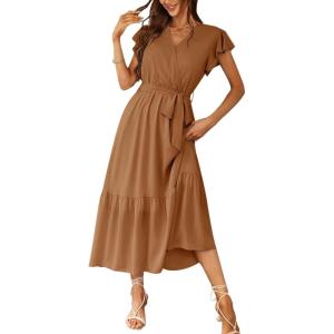 imagePRETTYGARDEN Womens Summer Floral Boho Dress Wrap V Neck Short Sleeve Ruffle ALine Flowy Maxi Wedding Guest DressesSolid Brown