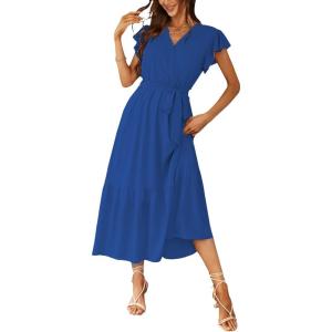imagePRETTYGARDEN Womens Summer Floral Boho Dress Wrap V Neck Short Sleeve Ruffle ALine Flowy Maxi Wedding Guest DressesSolid Dark Blue