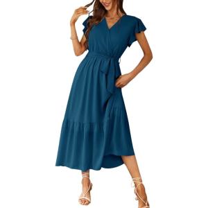 imagePRETTYGARDEN Womens Summer Floral Boho Dress Wrap V Neck Short Sleeve Ruffle ALine Flowy Maxi Wedding Guest DressesSolid Lake Blue