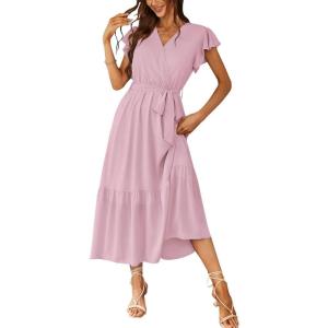imagePRETTYGARDEN Womens Summer Floral Boho Dress Wrap V Neck Short Sleeve Ruffle ALine Flowy Maxi Wedding Guest DressesSolid Pink
