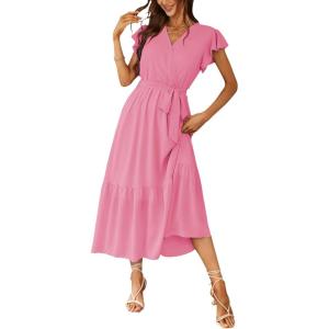imagePRETTYGARDEN Womens Summer Floral Boho Dress Wrap V Neck Short Sleeve Ruffle ALine Flowy Maxi Wedding Guest DressesSolid Rose Pink