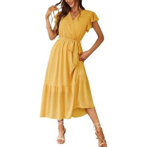 imagePRETTYGARDEN Womens Summer Floral Boho Dress Wrap V Neck Short Sleeve Ruffle ALine Flowy Maxi Wedding Guest DressesSolid Yellow