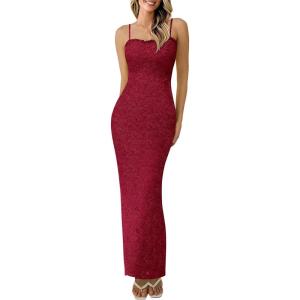imagePRETTYGARDEN Womens Summer Wedding Guest Dress 2025 Spaghetti Strap Lace Floral Bodycon Formal Cocktail Evening Long DressesRed