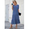imagePRETTYGARDEN Womens Summer Casual Boho Dress Floral Print Ruffle Puff Short Sleeve Flowy Midi Beach Party DressesSolid Blue