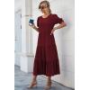 imagePRETTYGARDEN Womens Summer Casual Boho Dress Floral Print Ruffle Puff Short Sleeve Flowy Midi Beach Party DressesSolid Wine Red
