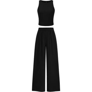 imagePRETTYGARDEN Spring Two Piece Sets For Women 2025 Ribbed Knit Crew Neck Sleeveless Tank Tops Wide Leg Pants Casual Lounge SetBlack