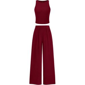 imagePRETTYGARDEN Spring Two Piece Sets For Women 2025 Ribbed Knit Crew Neck Sleeveless Tank Tops Wide Leg Pants Casual Lounge SetWine Red