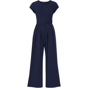 imagePRETTYGARDEN Summer Jumpsuits for Women Dressy 2025 Ribbed Cap Sleeve Wide Leg Pants Rompers Elegant Casual One Piece OutfitsNavy