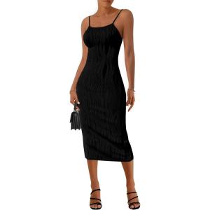 imagePRETTYGARDEN Womens 2025 Summer Sleeveless Bodycon Dress Textured Back Slit Sexy Cocktail Party Midi DressesBlack
