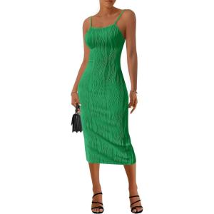 imagePRETTYGARDEN Womens 2025 Summer Sleeveless Bodycon Dress Textured Back Slit Sexy Cocktail Party Midi DressesGreen