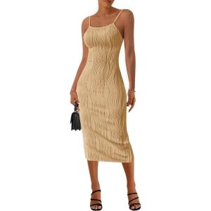 imagePRETTYGARDEN Womens 2025 Summer Sleeveless Bodycon Dress Textured Back Slit Sexy Cocktail Party Midi DressesLight Khaki