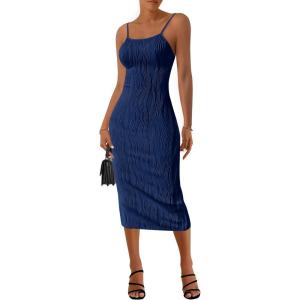 imagePRETTYGARDEN Womens 2025 Summer Sleeveless Bodycon Dress Textured Back Slit Sexy Cocktail Party Midi DressesNavy