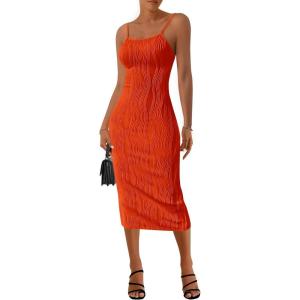 imagePRETTYGARDEN Womens 2025 Summer Sleeveless Bodycon Dress Textured Back Slit Sexy Cocktail Party Midi DressesOrange