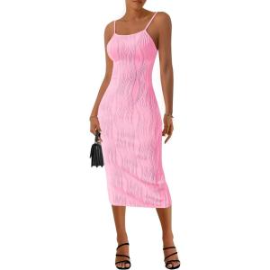 imagePRETTYGARDEN Womens 2025 Summer Sleeveless Bodycon Dress Textured Back Slit Sexy Cocktail Party Midi DressesPink