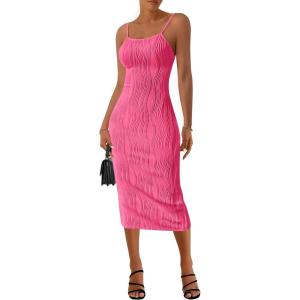 imagePRETTYGARDEN Womens 2025 Summer Sleeveless Bodycon Dress Textured Back Slit Sexy Cocktail Party Midi DressesRose Red
