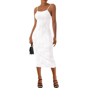 imagePRETTYGARDEN Womens 2025 Summer Sleeveless Bodycon Dress Textured Back Slit Sexy Cocktail Party Midi DressesWhite