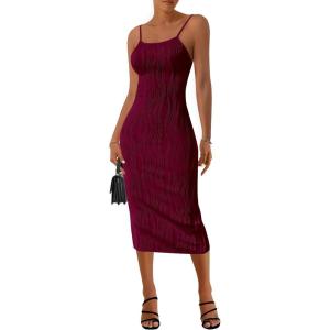 imagePRETTYGARDEN Womens 2025 Summer Sleeveless Bodycon Dress Textured Back Slit Sexy Cocktail Party Midi DressesWine Red