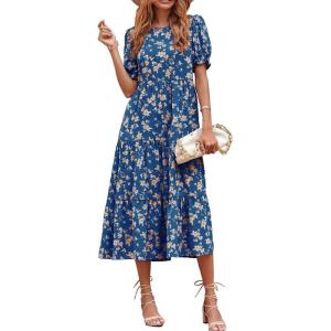 imagePRETTYGARDEN Womens Summer Casual Boho Dress Floral Print Ruffle Puff Short Sleeve Flowy Midi Beach Party DressesBlue Apricot