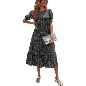 imagePRETTYGARDEN Womens Summer Casual Boho Dress Floral Print Ruffle Puff Short Sleeve Flowy Midi Beach Party DressesPolk Black