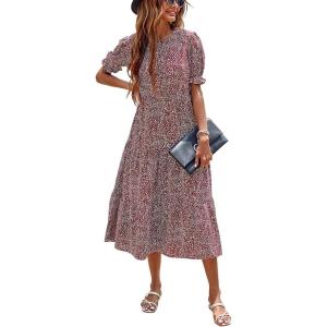 imagePRETTYGARDEN Womens Summer Casual Boho Dress Floral Print Ruffle Puff Short Sleeve Flowy Midi Beach Party DressesRed White