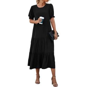 imagePRETTYGARDEN Womens Summer Casual Boho Dress Floral Print Ruffle Puff Short Sleeve Flowy Midi Beach Party DressesSolid Black