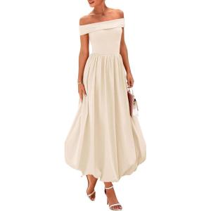 imagePRETTYGARDEN Womens Summer Off Shoulder Sleeveless Midi Dress Cocktail A Line Flowy Wedding Guest Dresses with PocketsBeige