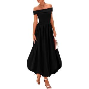 imagePRETTYGARDEN Womens Summer Off Shoulder Sleeveless Midi Dress Cocktail A Line Flowy Wedding Guest Dresses with PocketsBlack