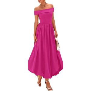 imagePRETTYGARDEN Womens Summer Off Shoulder Sleeveless Midi Dress Cocktail A Line Flowy Wedding Guest Dresses with PocketsRose Red
