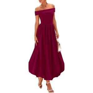 imagePRETTYGARDEN Womens Summer Off Shoulder Sleeveless Midi Dress Cocktail A Line Flowy Wedding Guest Dresses with PocketsWine Red